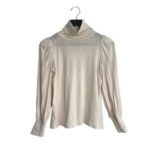 Nation LTD Puff Sleeve Ribbed Turtleneck Smocked Cuff Pullover Top Ivory Cream